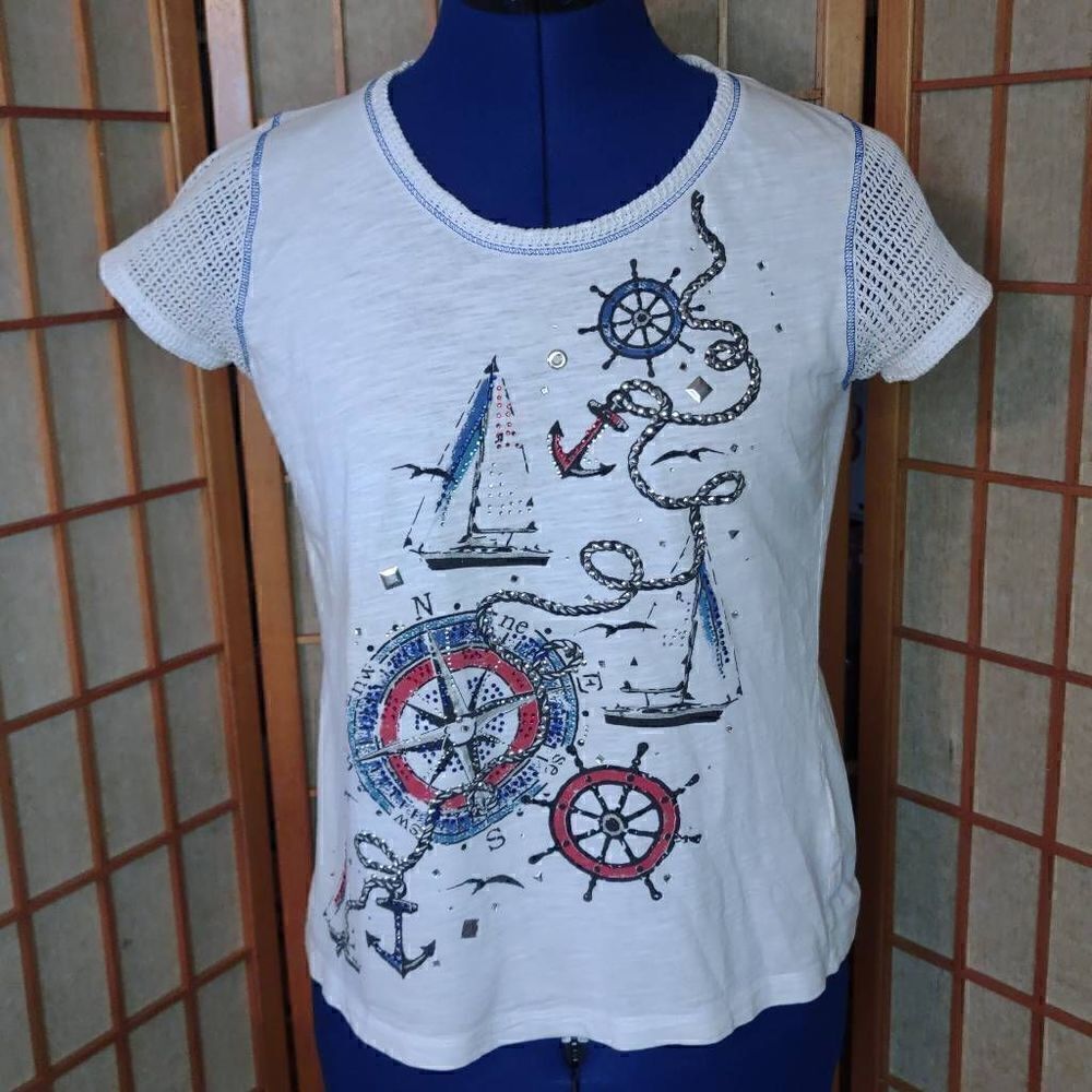 Palm Grove Women's Embellished Pirate Print Mesh Panel T-Shirt White Small